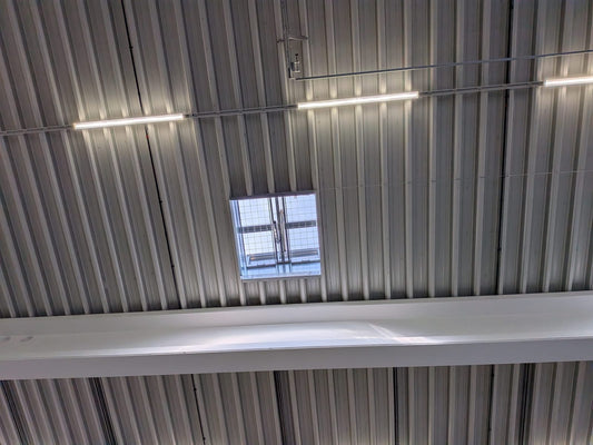 Blick aus der Halle nach oben auf eine RWA-Lichtkuppel mit Durchsturzgitter